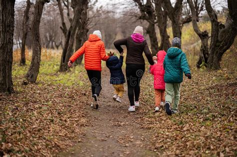Back Of Mother Holding Hands With Her Kids Walking In Autumn Forest