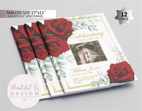 12 Page Red Gold Funeral Program Template Celebration Of Etsy