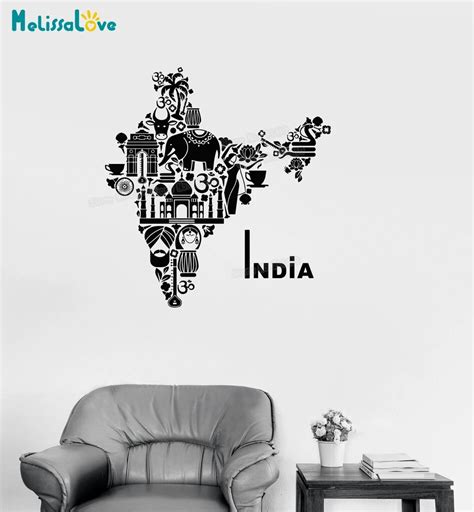 Unique Shape Vinyl Decal India Map Hindu Hinduism Elephant Symbols Wall