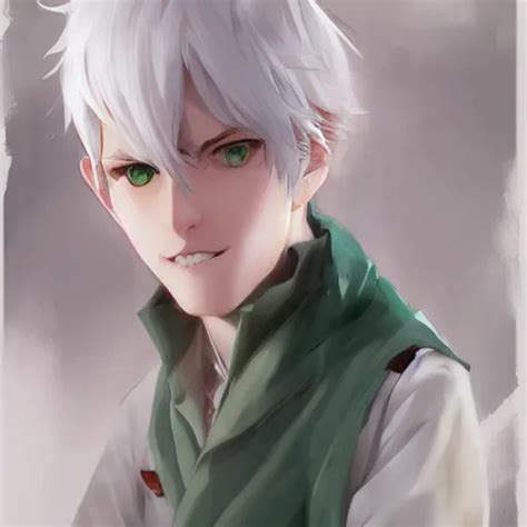 Anime Boy White Hair Green Eyes Handsome Pure Stable Diffusion