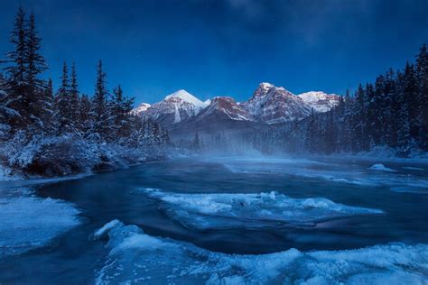 Nature Landscape Mountain Trees Forest Clouds Snow Alberta Canada Winter Night Lake