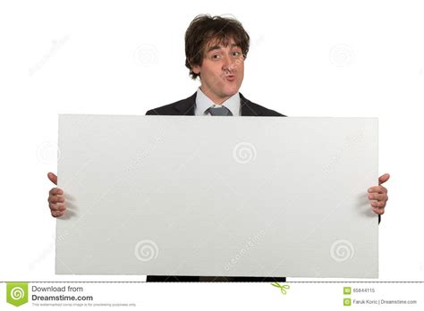 Happy Smiling Business Man Showing Blank Signboard Isolated Over White