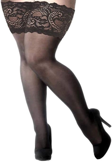 Plus Size Black Hold Up Stockings With A Deep Lace Band At Amazon Women