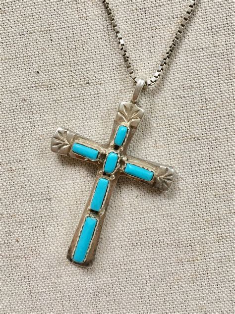 Turquoise Cross Pendant Large Size Sterling Silver Vintage Patina Native American Artist Stamped