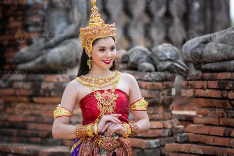 Asia Woman Wearing Traditional Thai Dress The Costume Of The National