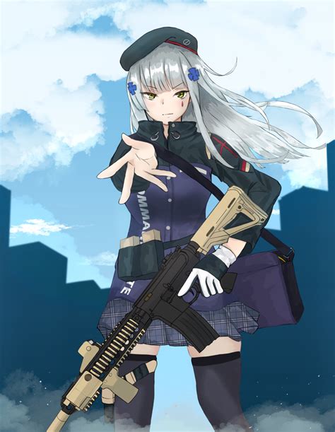 Safebooru 1girl Absurdres Assault Rifle Bag Bangs Beret Black Legwear Blue Skirt Checkered