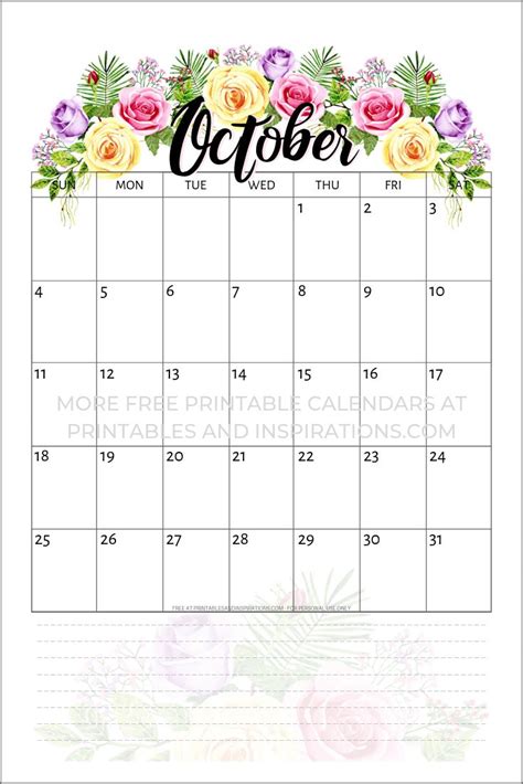 The October Calendar With Flowers On It