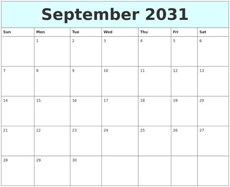 September 2031 Free Calendar