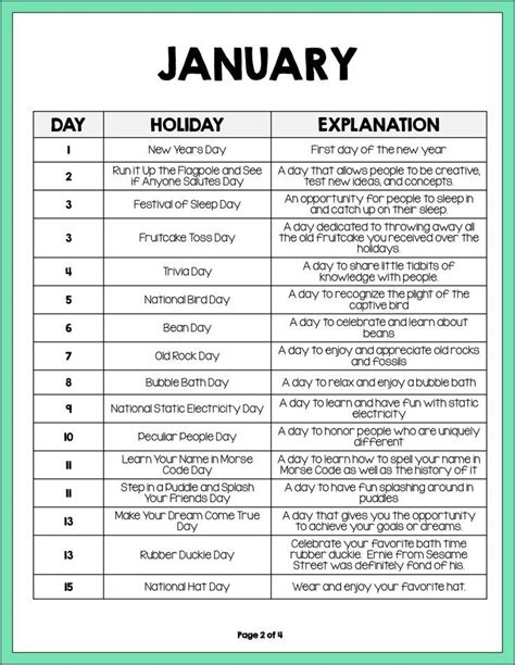 January Printable Calendar National Holiday Calendar