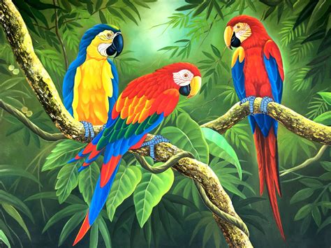 Colorful Rio Macaw Parrot On Tropical Leaves Painting On Canvas Art