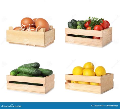 Set Of Wooden Crates With Different Fruits Vegetables And Eggs Stock