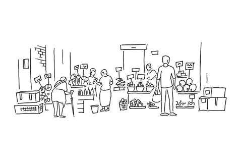 Street Market Vegetable And Fruits Outline Illustration Vegetable Shop Line Drawing