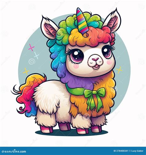 Kawaii Rainbow Llama Unicorn With Big Eyes Stock Illustration