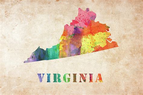 Virginia Colorful Watercolor Map Digital Art By Mihaela Pater