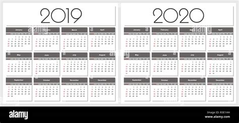 Calendario Del Año 2019 Y 2020 Simple Plantilla Vectorial Plantilla