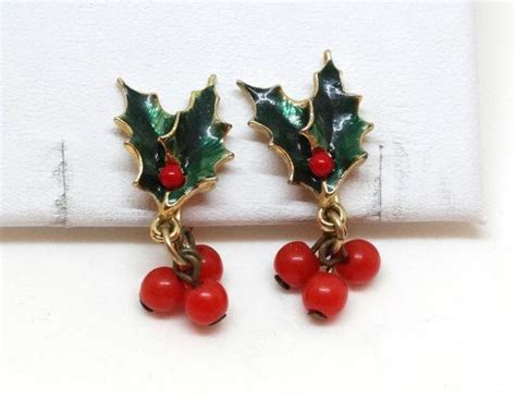 vintage red and green christmas holly earrings red green christmas christmas holly christmas