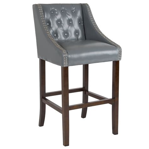 42 Gray Leather Button Tufted Full Back Bar Stool
