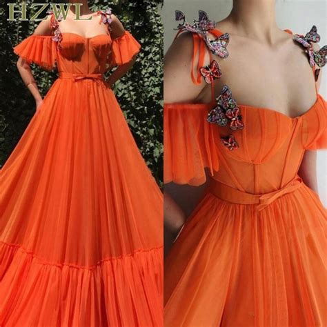 2020 Orange Spaghetti Straps Tulle Long Prom Dresses 3d Floral Lace Butterfly Floor Length