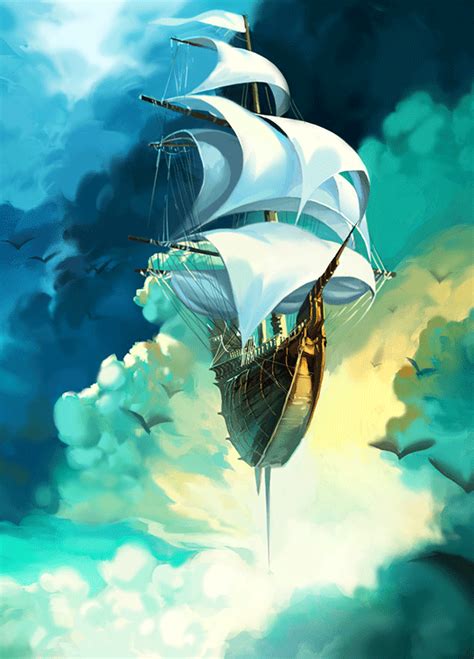 Fantasy Flying Ship In The Clouds Fantasy Concept Art Ship Paintings