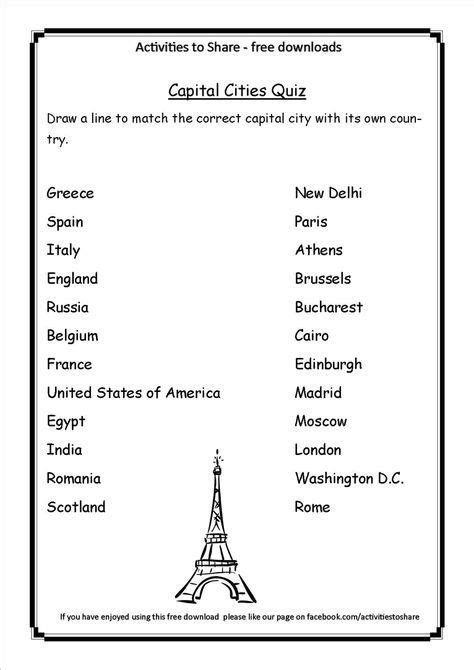 States And Capitals Matching Worksheets