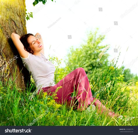 Beautiful Young Woman Relaxing Outdoors Meadow Beauty Girl Enjoying