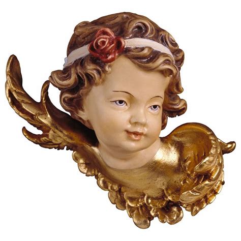 Angel Head With Rose Left Cm 7 28 Inch Val Gardena Wooden Sculpture