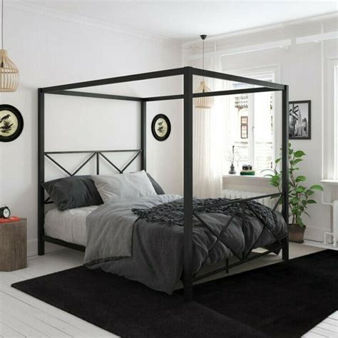 You can easily add a romantic look for a bed plain with just draping long fabric panels with wood or metal ring attached to. Details about Queen Metal Canopy Bed Black Bedframe Modern ...