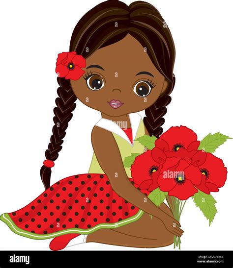 Beautiful Cute African American Girl Holding Bouquet Of Red Poppies Vector Black Girl With