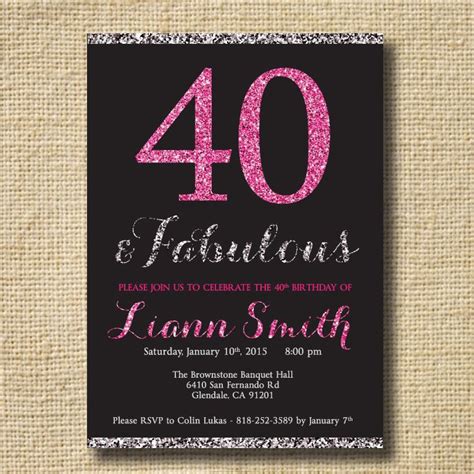 40th Birthday Glitter Invitation Women Forty And Fabulous Etsy 40th