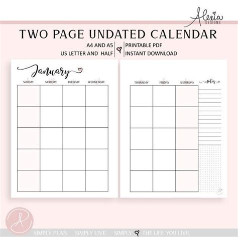 Two Page Undated Monthly Calendar Printable Pdf Etsy Monthly