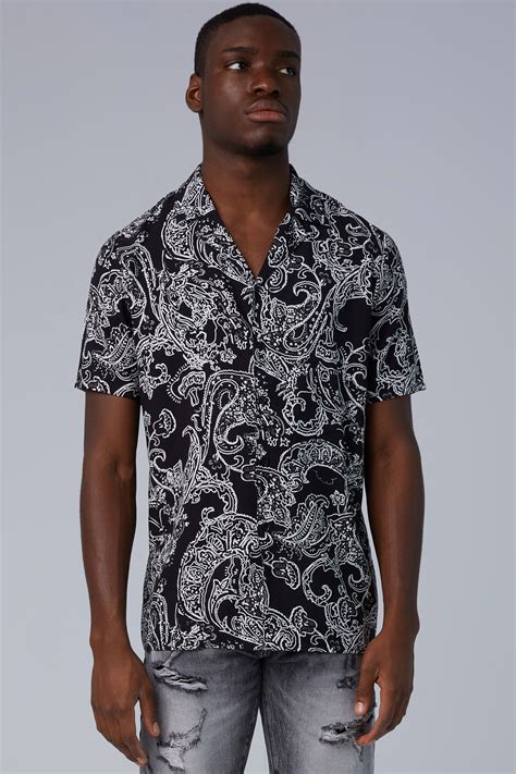 Short Sleeve Black Paisley Shirt Ln Revere Collar Aristoteli Bitsiani