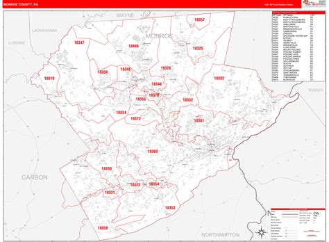 Monroe County Pa Zip Code Wall Map Red Line Style By Marketmaps