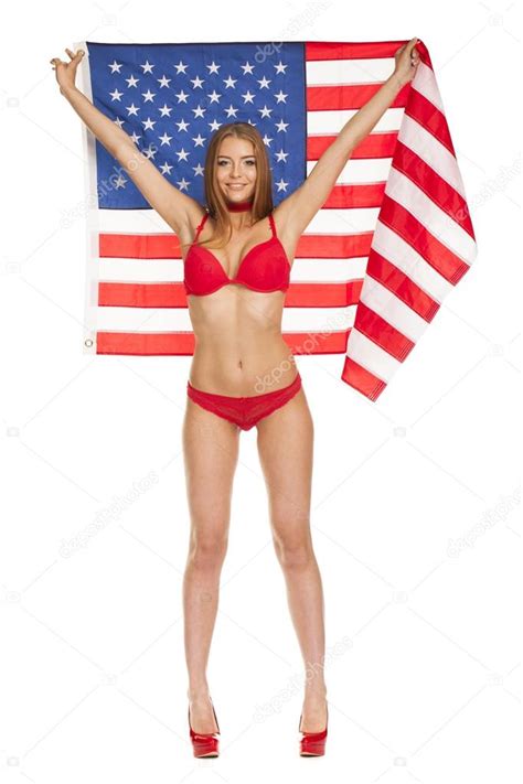 Beautiful Girl In Bikini Holding The Usa Flag Stock Photo Arkusha