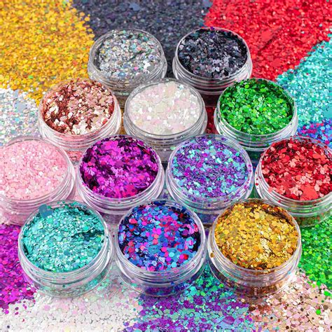 12 Colors Of Holographic Chunky Glitter No Glue Attached 12 Pots Total
