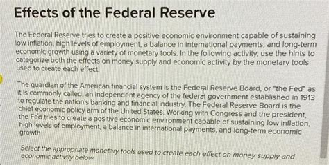 Solved Effects Of The Federal Reserve The Federal Reserve