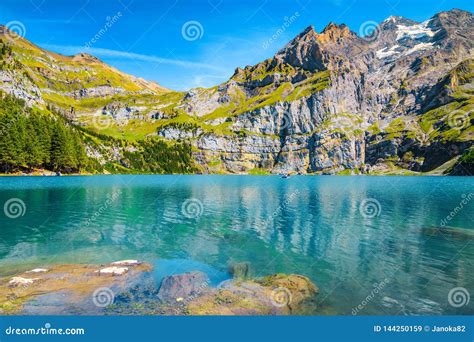 Gorgeous Alpine Lake With High Mountains And Glaciers Oeschinensee