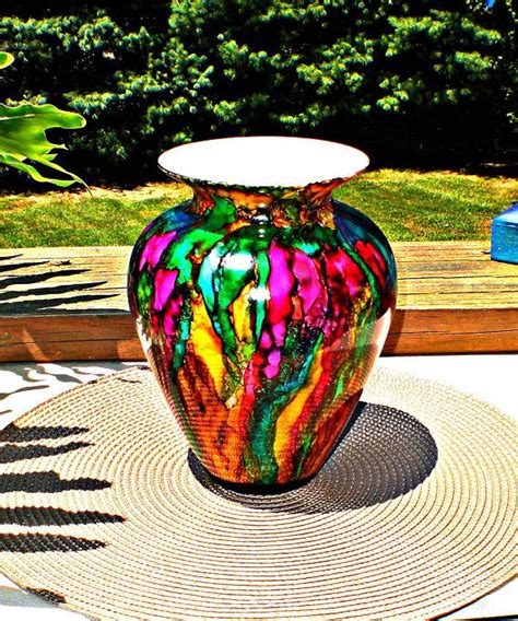 Bold Multi Color Hand Painted Glass Vase Colorful Decorative Etsy Painted Glass Vase