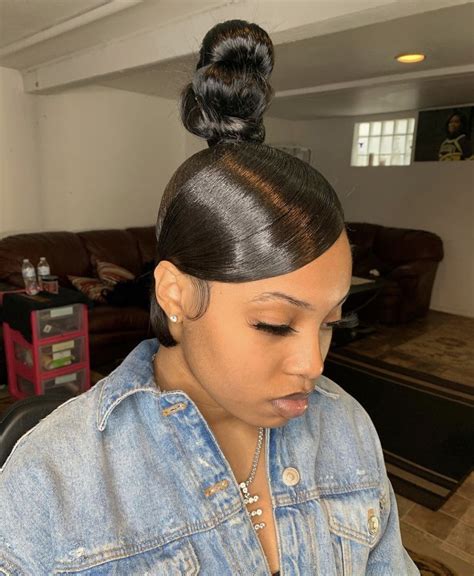 Curly bangs for curly hair. Top Knot Bun w/ Swoop 💕 in 2020 | Hair ponytail styles ...