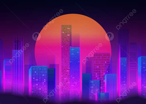 Bright Full Moon Night Sky Neon City Background Color Line City