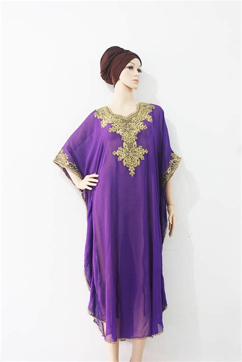 Moroccan Purple Chiffon Caftan Gold Embroidery Dubai Abaya Maxi Dress