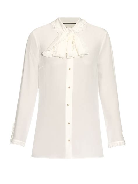 Gucci High Neck Ruffled Silk Crepe Blouse In White Lyst