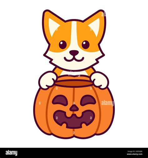 Trick Or Treat Cute Cartoon Corgi With Halloween Pumpkin Kawaii Dog