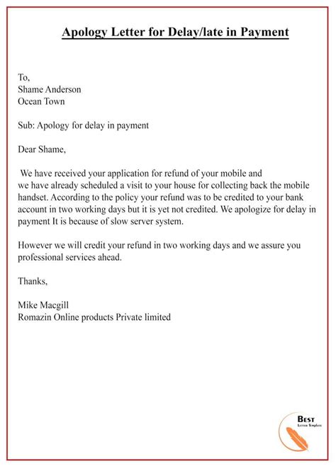 Apology Letter For Delay In Payment