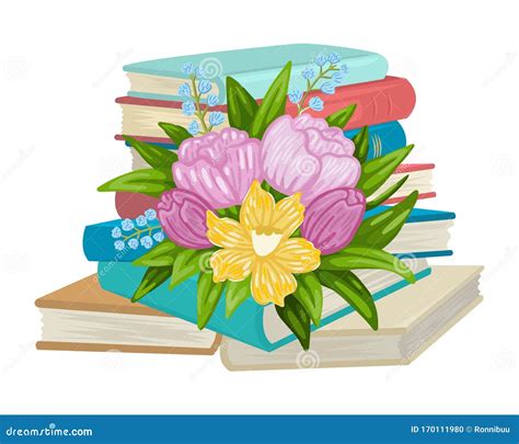 A Stack Of Books And Textbooks Decorated With A Bouquet Of Flowers