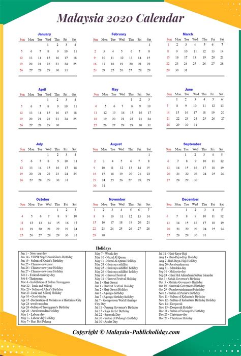 Kedah, penang, perak, selangor, kuala lumpur, putrajaya, negeri sembilan, johor. Malaysia 2020 Calendar