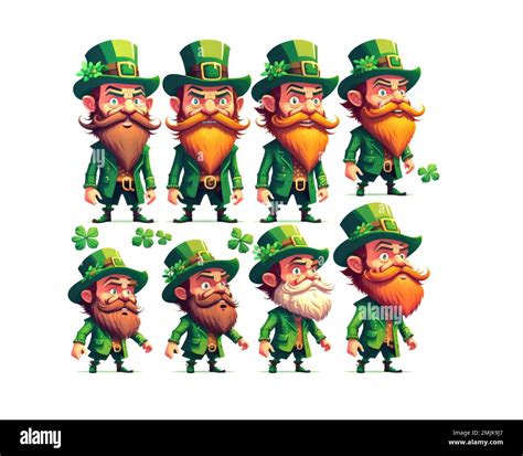 Many Leprechauns In Green Suit With Red Beard On White Background Funny Main Character Of Irish