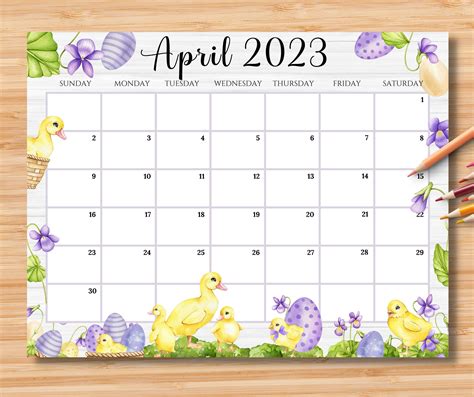 Editable April 2023 Calendar Happy Easter Day With Cute Chicken Duck