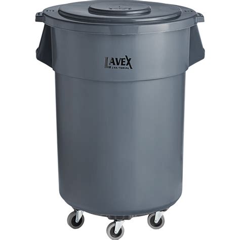Lavex Janitorial 55 Gallon Gray Round Commercial Trash Can With Lid And