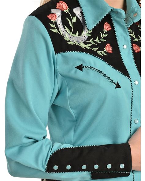 Scully Womens Embroidered Horseshoe Western Shirt Turquoise Rodeo
