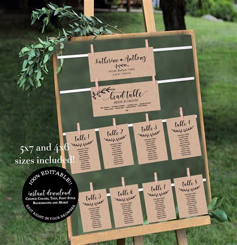 Rustic Wedding Seating Chart Template Set Printable Table Etsy